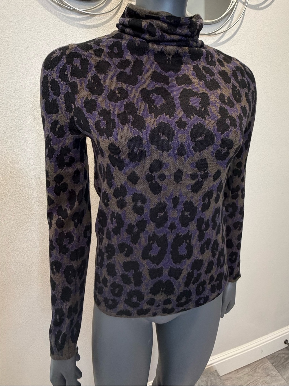 Anthropologie Purple Black Leopard Print Knit Turtleneck Sweater Size M